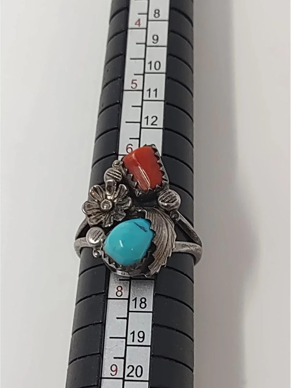 VTG Navajo 925 Sterling Turquoise Coral Ring Size 7 MS Star
